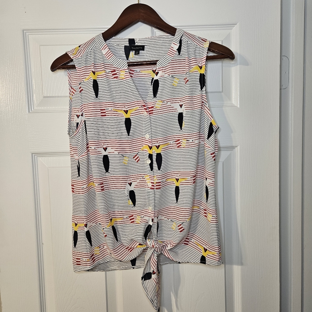 Talbots Nautical Semaphore Flag Print Sleeveless Tie-Front Blouse | Size S